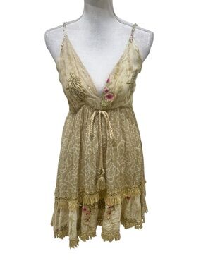 Jean & Flo v neck beige tassel fringe Embroidered crochet sundress one size